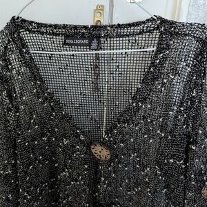 Nina Leonard Black and White Open-Knit Button-Down Top